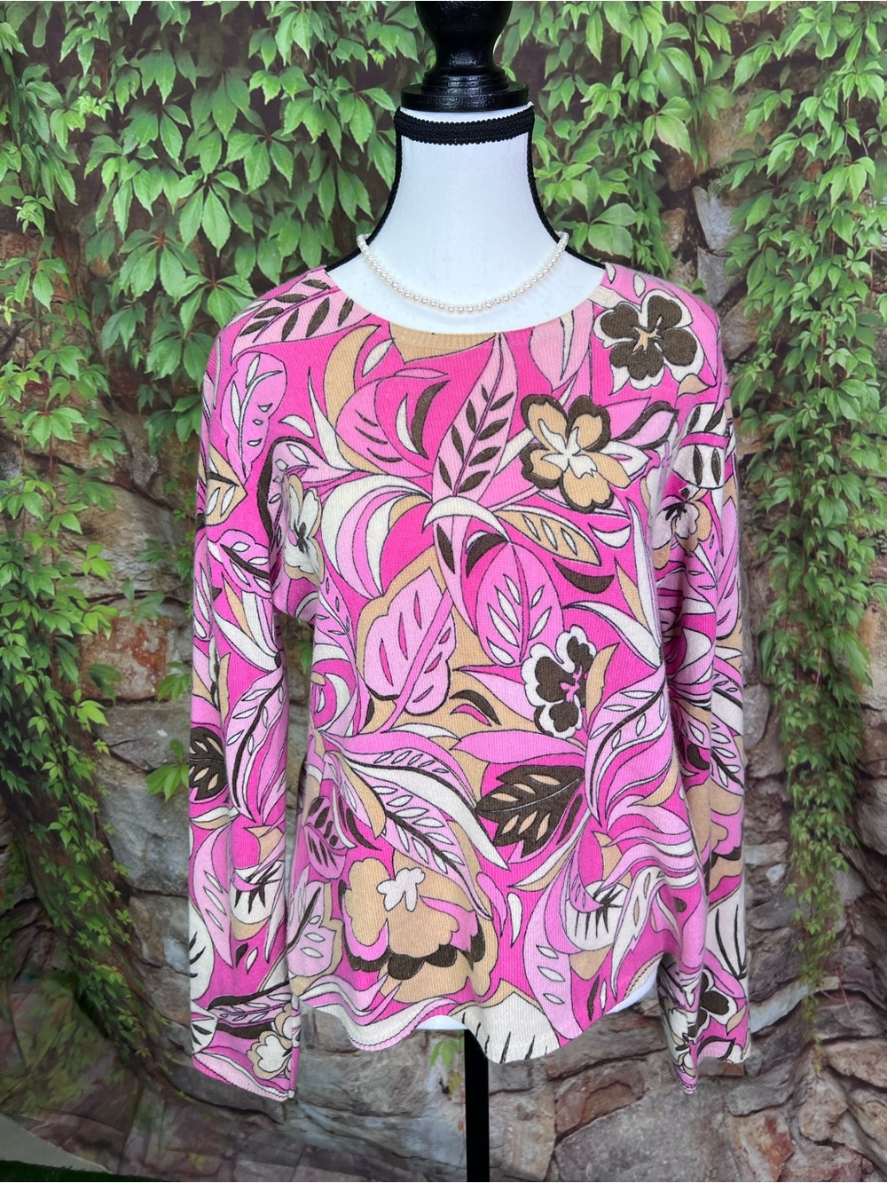 KINROSS Pink Floral Pattern 100% Cashmere Luxury Mod Crewneck Sweater, L - Picture 2 of 11